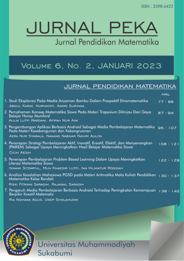 					View Vol. 6 No. 2 (2023): Jurnal PEKA (Pendidikan Matematika)
				