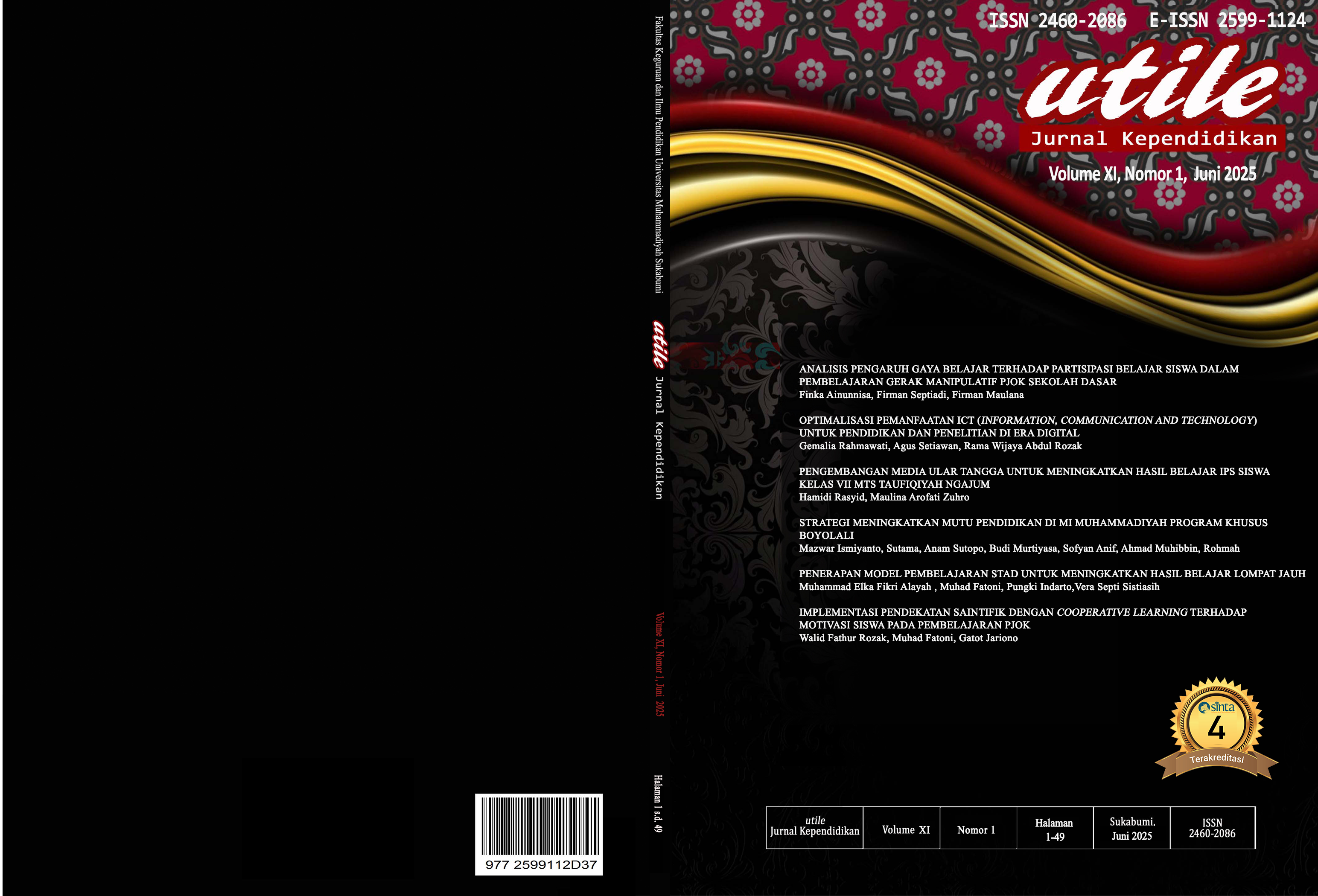 utile: Jurnal Kependidikan (eISSN: 2599-1124 , pISSN: 2460-2086) adalah jurnal ilmiah yang diterbitkan oleh Fakultas Keguruan dan Ilmu Pendidikan, Universitas Muhammadiyah Sukabumi (UMMI) sejak tahun 2015, dua kali dalam setahun, bulan Juni dan Desember. Jurnal ini menerbitkan tulisan hasil penelitian dengan fokus pada bidang kependidikan dan pengajaran. Setiap naskah yang diterbitkan di utile: Jurnal Kependidikan melewati proses peer review dengan sistem double blind review, artinya penulis tidak mengetahui siapa yang menilai naskahnya dan reviewer tidak mengetahui siapa penulis naskah tersebut. Alhamdulillah utile: Jurnal Kependidikan telah terakreditasi sinta 4.