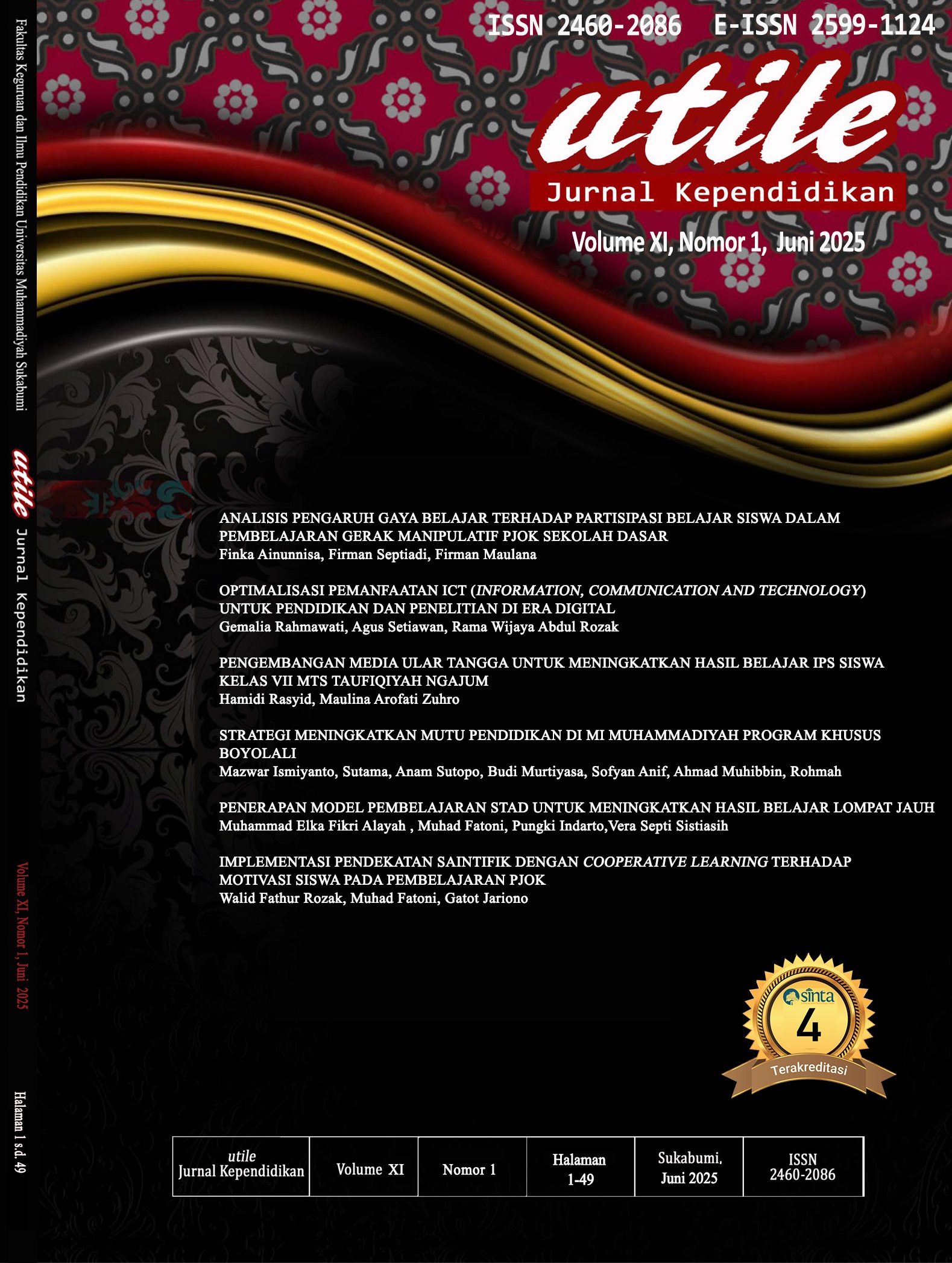  utile: Jurnal Kependidikan (eISSN: 2599-1124 , pISSN: 2460-2086) adalah jurnal ilmiah yang diterbitkan oleh Fakultas Keguruan dan Ilmu Pendidikan, Universitas Muhammadiyah Sukabumi (UMMI) sejak tahun 2015, dua kali dalam setahun, bulan Juni dan Desember. Jurnal ini menerbitkan tulisan hasil penelitian dengan fokus pada bidang kependidikan dan pengajaran. Adapun Scope jurnal ini adalah : Setiap naskah yang diterbitkan di utile: Jurnal Kependidikan melewati proses peer review dengan sistem double blind review, artinya penulis tidak mengetahui siapa yang menilai naskahnya dan reviewer tidak mengetahui siapa penulis naskah tersebut.